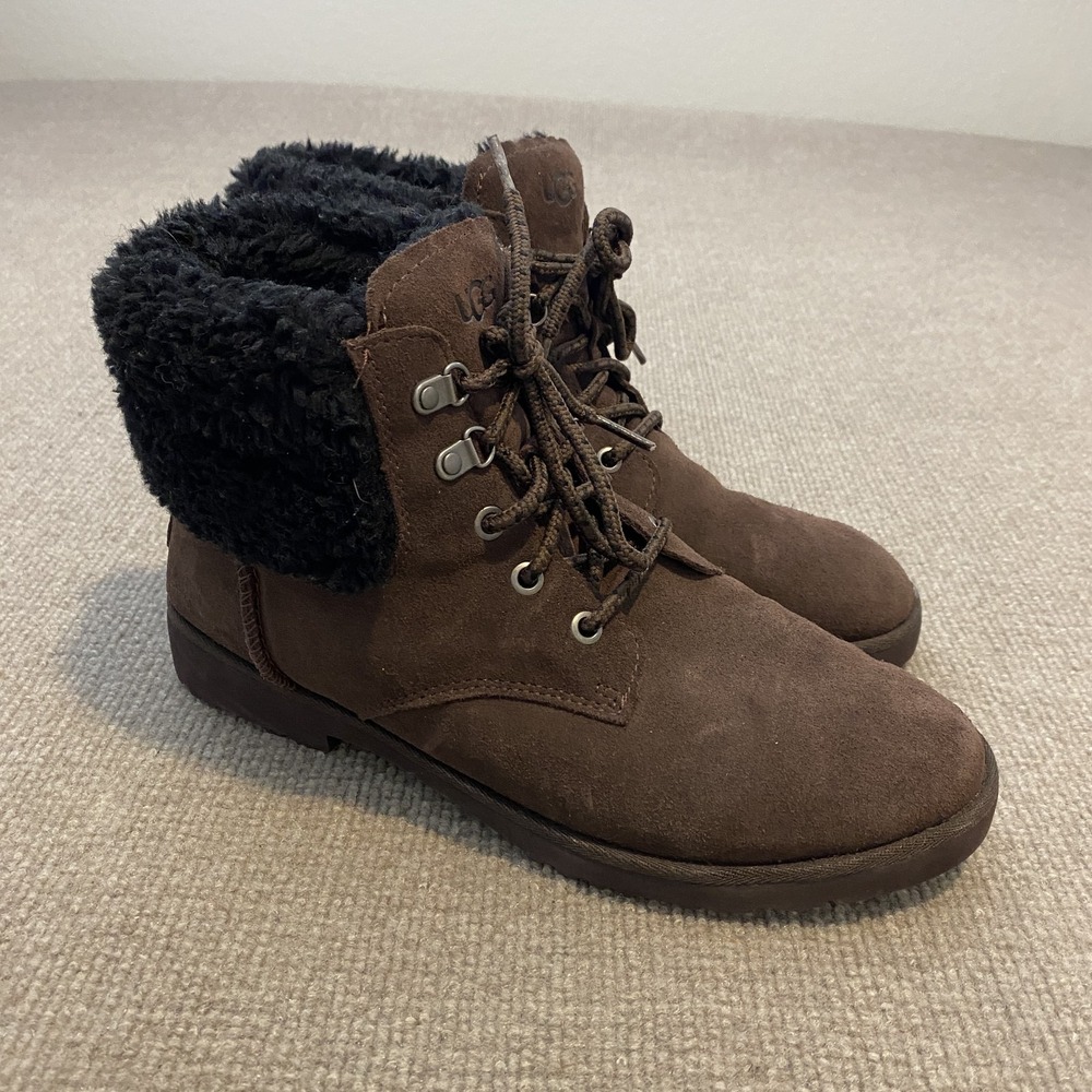 UGG Boots Womens Size 9 Brown Suede Ankle Lace Up Shearling Lined Fur Collar